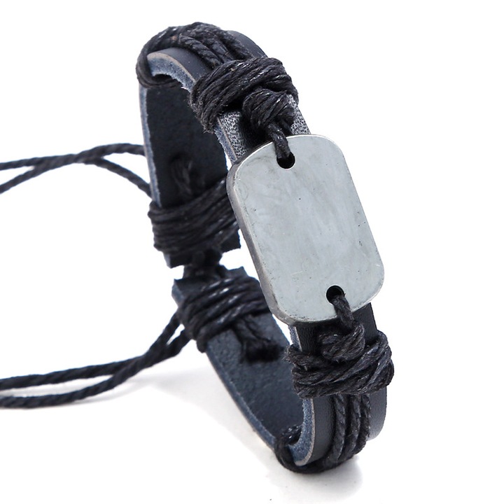 Bratara Personalizata pentru Barbati, cu Tablita Metalica tip Dog Tag, din Piele Ecologica si Snur cu Lungime Reglabila, PriStyle®