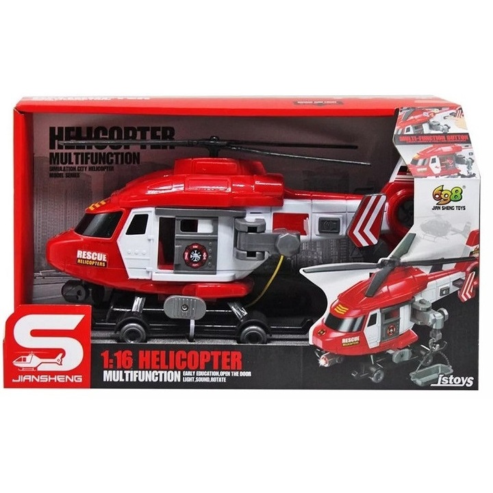 Jucarie pentru copii, Elicopter de interventie, Cu sunete, lumini si targa, 29 cm, Plastic, 3+ ani, Rosu