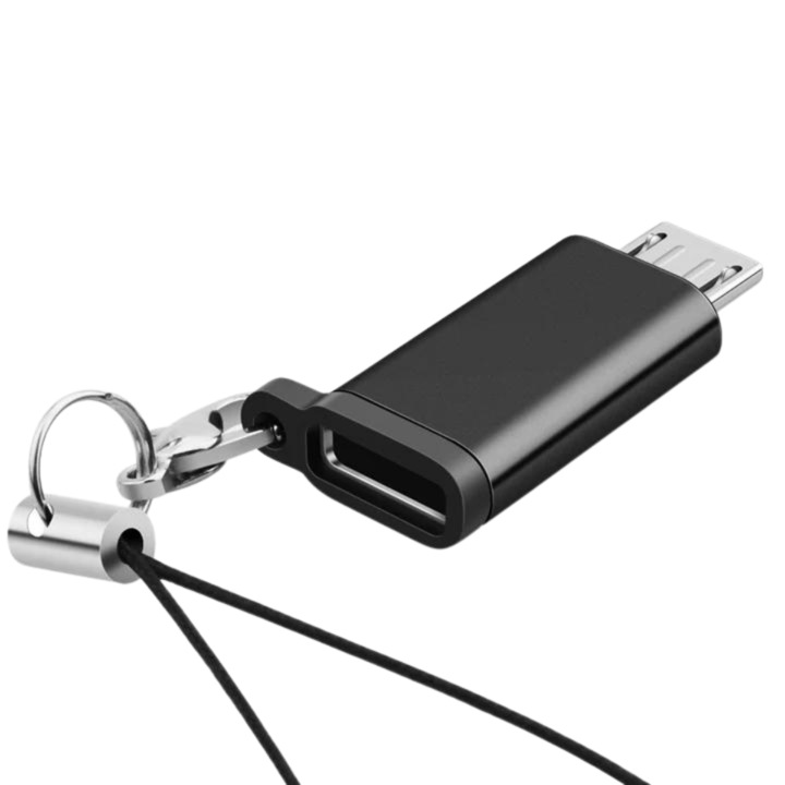 Адаптер тип C (женски) към Micro USB (мъжки) с кука за ключодържател, 2,5 см, черен