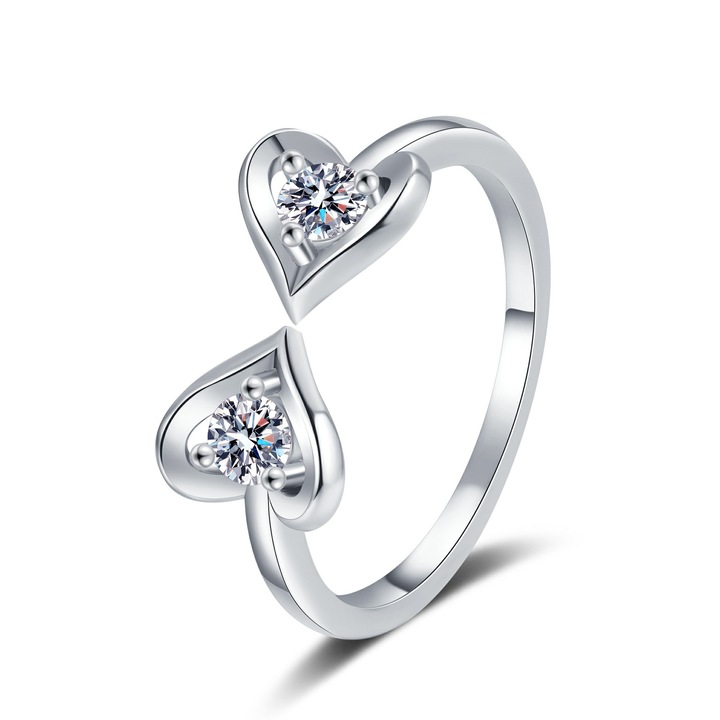 Inel dama HYTIREBY, Cupru, inima cu diamante, deschidere reglabila, argintiu