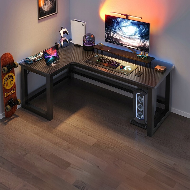 Birou de colt Gaming, MDF, 100x140x60x75 cm, negru, Rebiko