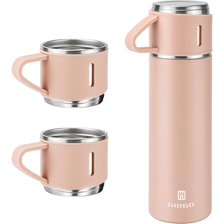 Set Termos si 2 Cani Termice din Otel Inoxidabil, Cana de Cafea, Ceai si Apa Dublu Izolata, pentru activitati in aer liber sau la birou, 500ml