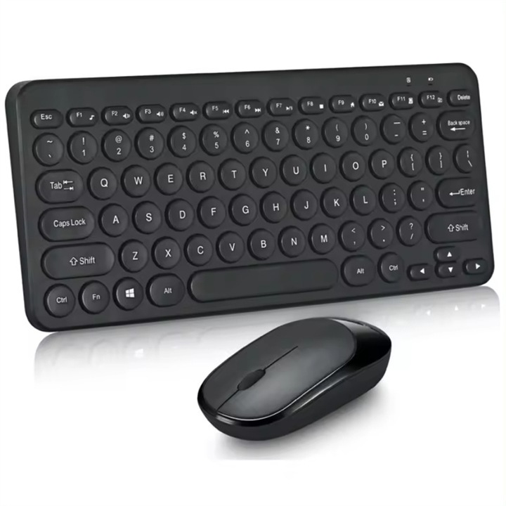 Set tastatura si mouse wireless CVBFUS Chocolate Buttons, design scissor-key, 12 taste multimedia, compact, negru