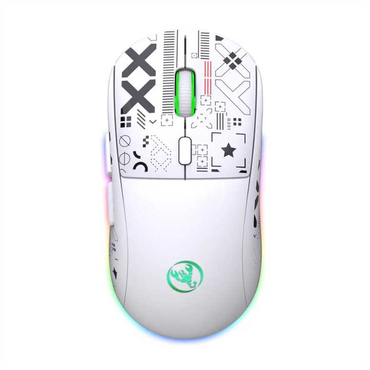 Mouse CVBFUS, wireless si Bluetooth, 3600 DPI, iluminare RGB, alb