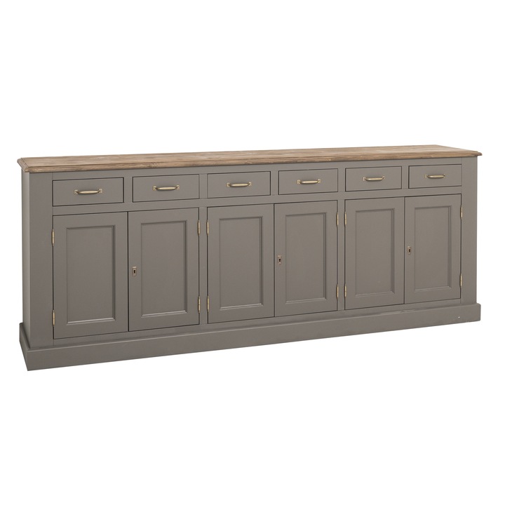 Bufet cu 6 usi si 6 sertare, BAS, culoare blat maro P066, culoare corp maro inchis P022A, dublu color, 100% lemn masiv, 239x93x47 cm