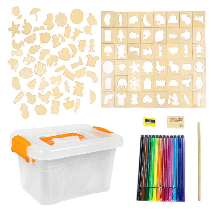 Set 50 sabloane desen pentru copii, MicoStore®, din lemn, trusa cu accesorii de colorat, arte, mestesuguri, animale, sport, vehicule, jucarii educative creative, fete si baieti, 3 ani+