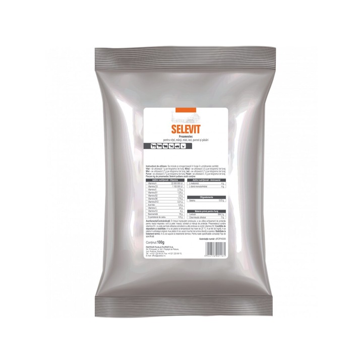 Pulbere orala, Selevit, cu multivitamine pentru vitei, manji, miei, iezi, purcei si pasari, 100 g
