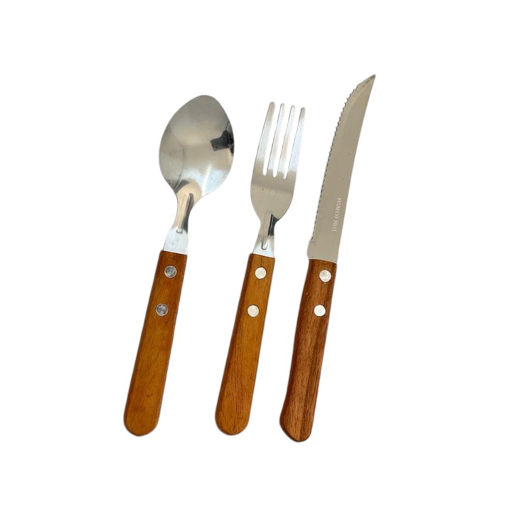 Set 3 piese, lingura, furculita si cutit, maner lemn, AVI-4082