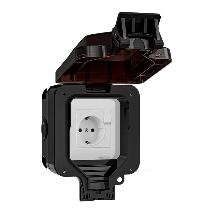 Priza simpla exterior INNOVIX, Model Standard European, 250V/16A, IP66, rezistenta la apa si praf, neagra cu intrerupator