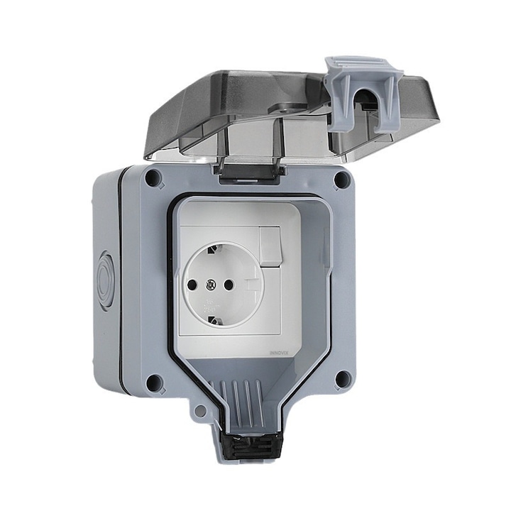 Priza simpla exterior INNOVIX, Model Standard European, 250V/16A, IP66, rezistenta la apa si praf, gri cu intrerupator