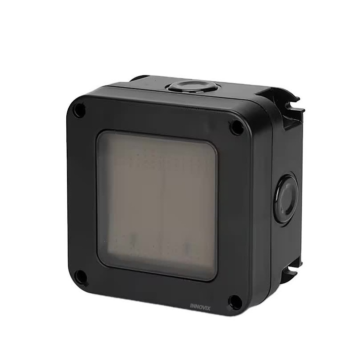 Intrerupator dublu exterior INNOVIX, Model Standard European, IP66, rezistent la apa si praf, negru