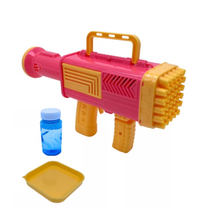 Пистолет за сапунен балон, 34 дупки, цветни балони, включен контейнер и течност, лятна играчка за дейности на открито, 24 см х 13 см, розово-жълт, HAPPY JOKER®