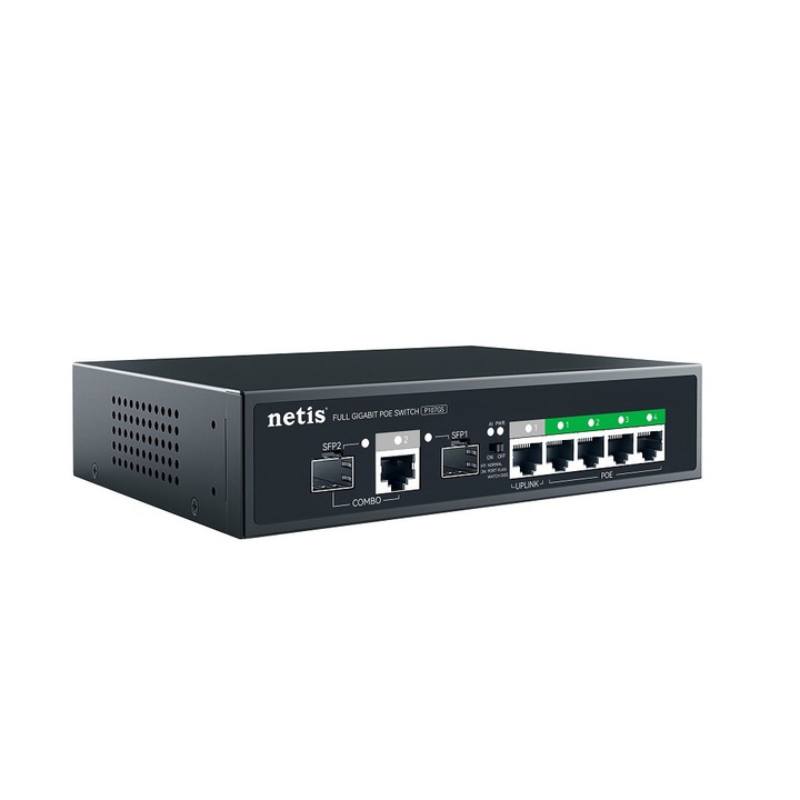 Stonet switch, 4 gigabites PoE port, 1 gigabites SFP port és 1 RJ45/SFP gigabites kombinált port
