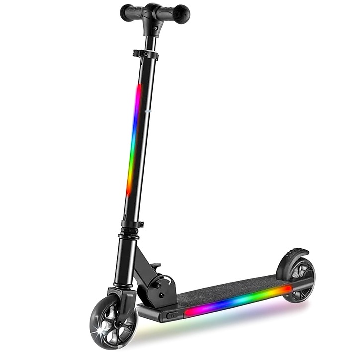 Детска тротинетка на 2 колела, сгъваема и преносима, RGB LED светлини, дръжка за регулиране на височината, задна спирачка, максимално тегло 60 кг, черна