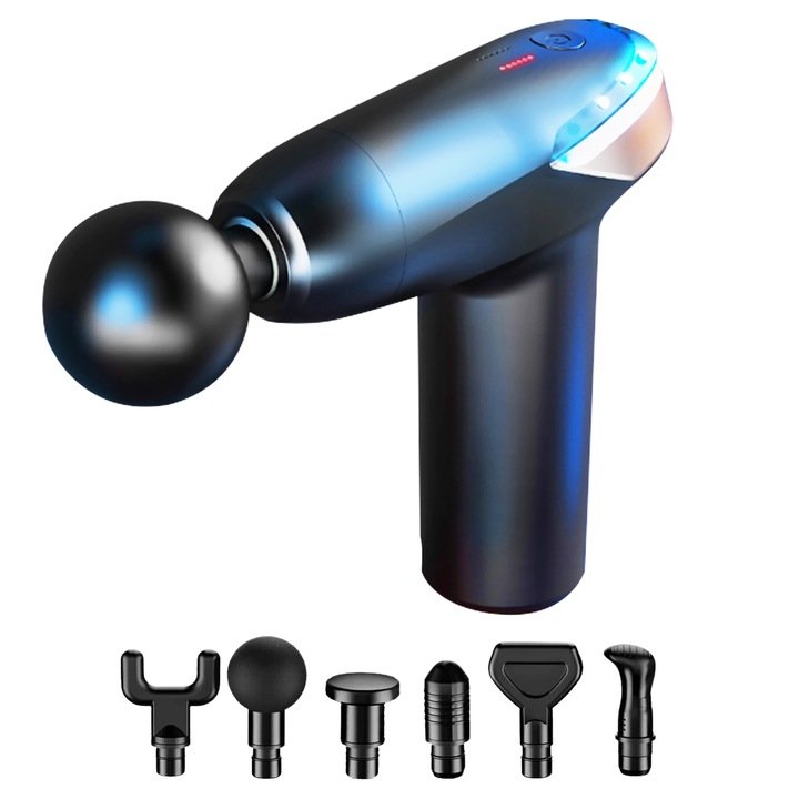 Масажен пистолет, Extralink Massage Gun Lite, 3200 RPM, 24 W, 6 сменяеми накрайника, 6 скорости, ABS/пластмаса/полимер/силиций, 1500 mAh, USB-C, черен