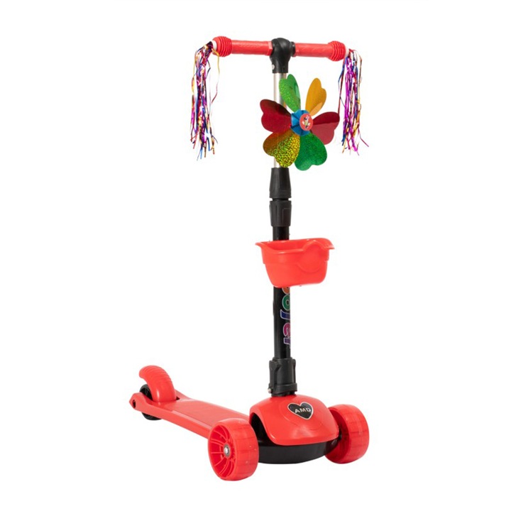 Trotineta Copii Scooter Pliabila Mixbo, 3 - 8 Ani, Ghidon Reglabil, Auto-echilibrare, Rosu, Cosulet, Elice