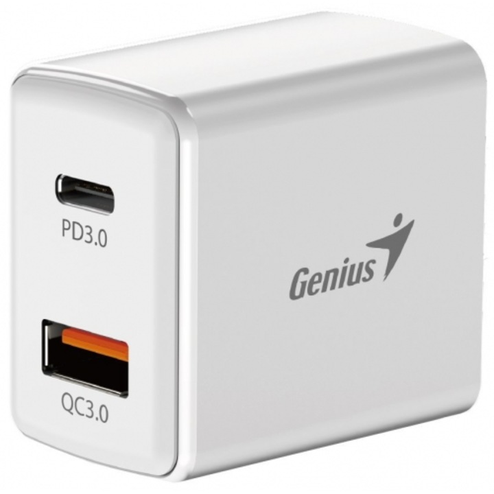 Genius Quick Charge 20W захранване, 1 x USB-A + 1 x USB Type-C, PD 20W USB-C или USB-A, USB-C кабел 1m, бял