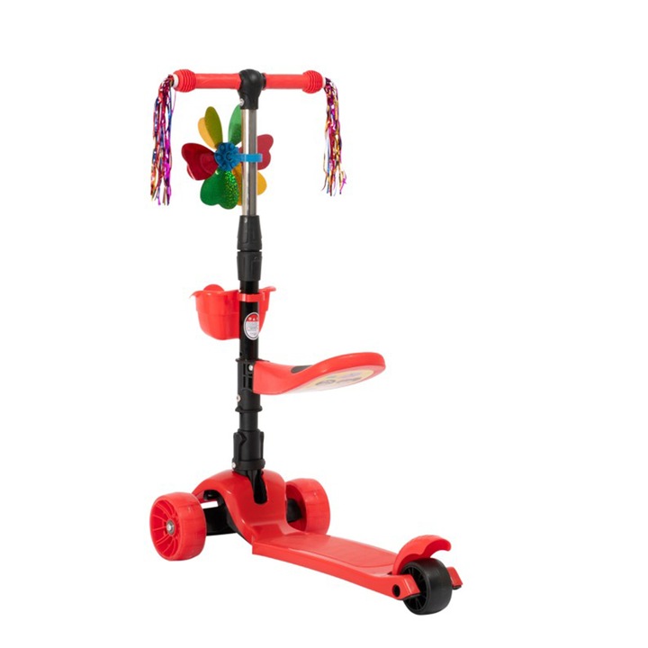 Trotineta Copii Scooter Pliabila Mixbo, 3 - 8 Ani, Ghidon Reglabil, Cosulet, Auto-echilibrare, Rosu cu Scaun, Elice