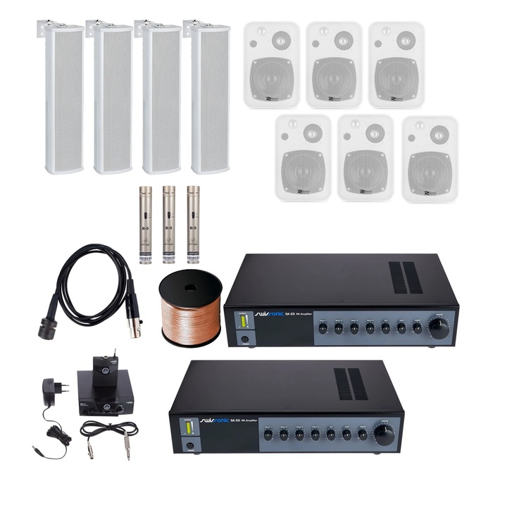 Аудио система за открито и закрито Church A3, 10 x високоговорителя, 4 микрофона, 2 x усилвателя, 100m кабел