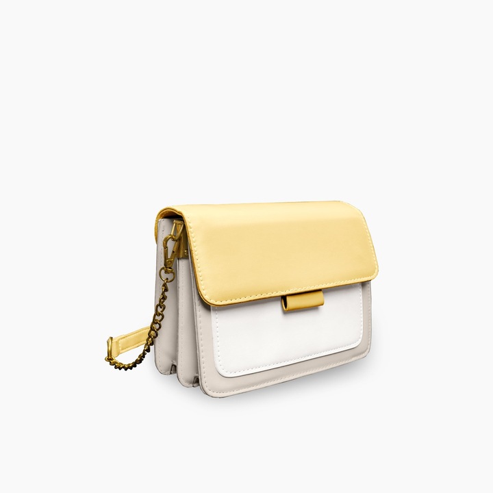 Еко кожена чанта Umar - елегантна с регулируема презрамка и златисти метални детайли, ежедневна, жълта и бяла