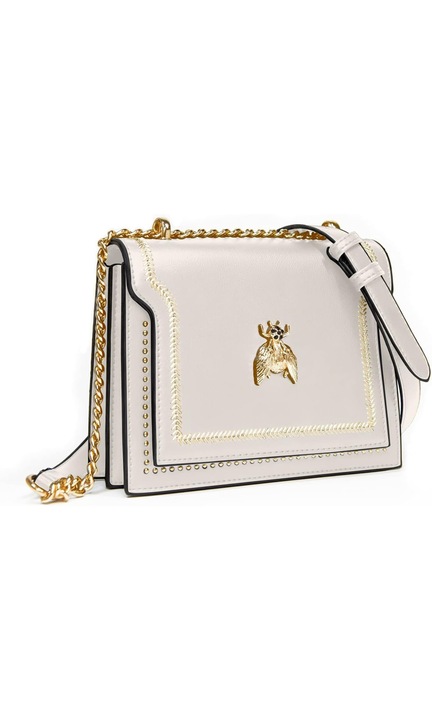 Еко кожена чанта Umar - елегантна с бродерия и златни метални аксесоари, пчелен дизайн, регулируема презрамка, ежедневна, бял