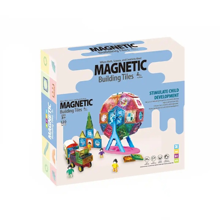 Магнитен конструктор за деца - 120 цветни части, колела, фигури, STEM образователна играчка за развиване на креативността, 3+ години