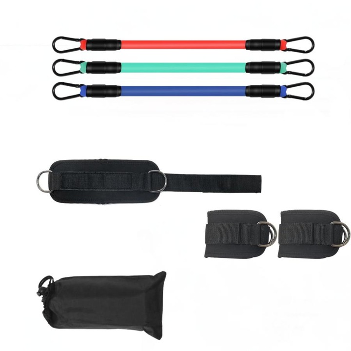 Set 3 extensoare fitness de diferite rezistente pentru antrenament fesieri si picioare, cu 2 chingi pentru glezne, multicolor