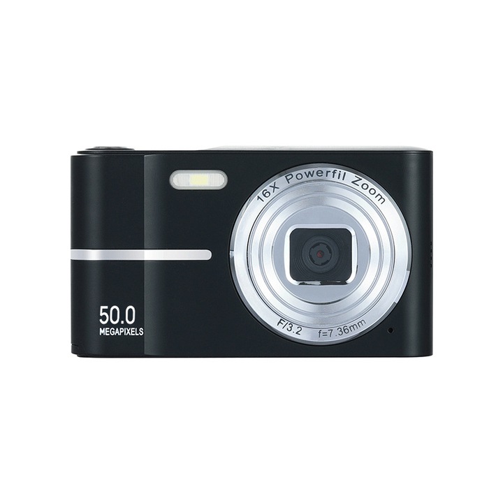 Aparat foto digital portabil ORBER, CCD, 4K, HD de 50 megapixeli, zoom digital 16x, ecran LCD de 2, 4 inci, blit incorporat, stabilizare a imaginii, 90.3 × 56.3 ×24 mm, Negru