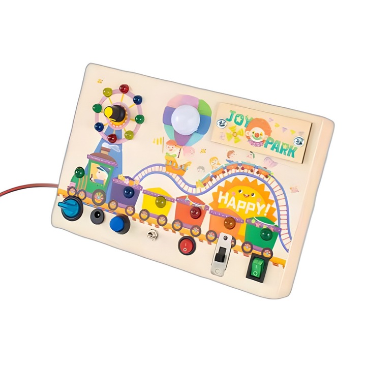 Jucarie Educativa Montessori Pentru Copii, Senzoriala, Tip Trenulet, Comutatoare si LED-uri, 8 Elemente Senzoriale, Din lemn, Multicolor, 22.3x14.9cm, Design Modern, Calitate Premium