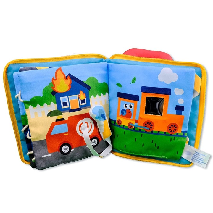 Carte senzoriala, jucarie interactiva pentru dezvoltarea bebelusilor care le stimuleaza interesul de invatare, material din panza moale si prietenoasa, imagini 3D cu Vehicole, dimensiuni 20X20 CM