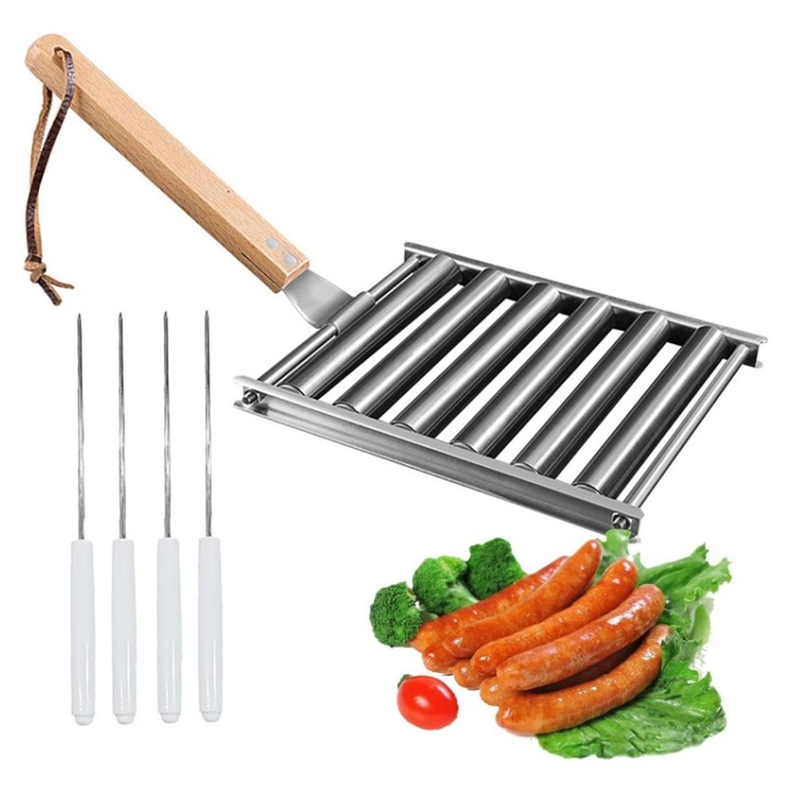 Set gratar pentru carnati BOMSTOM, Rola pentru hot dog la gratar, portabil cu maner din lemn, inox, Potrivit pentru gratar de camping, Accesorii pentru gratar, 18x24x4cm, argintiu