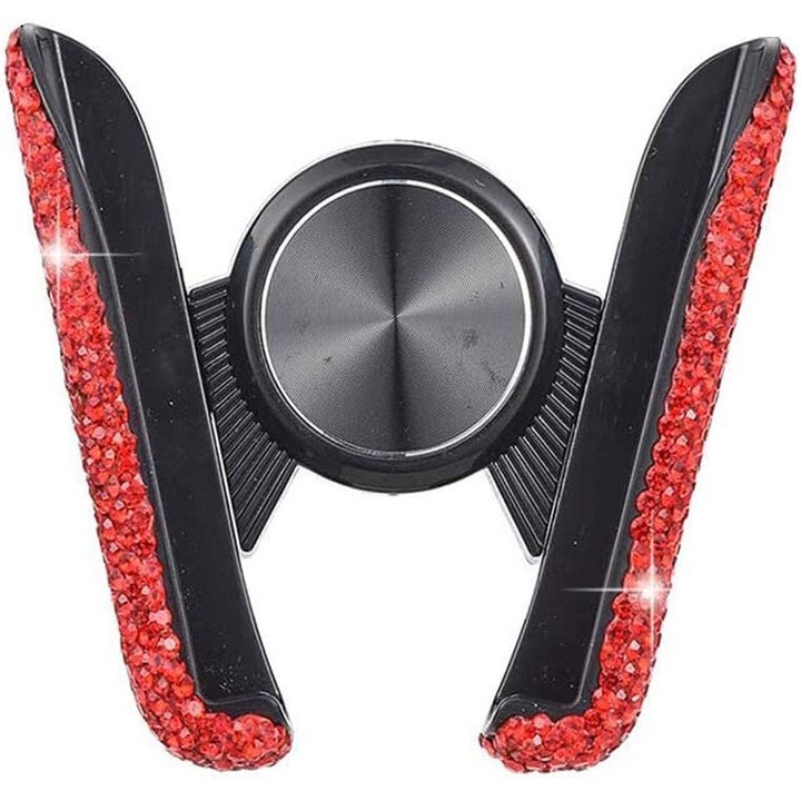 Suport auto universal, montare ventilatie sau adeziv, design mini cu cristale, rosu