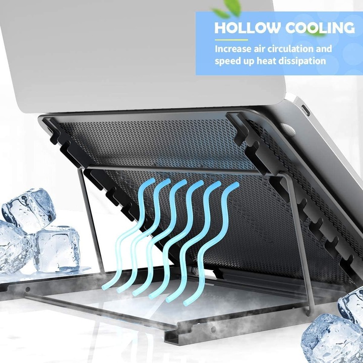 Suport laptop reglabil pliabil ergonomic, ventilat, negru, 11-15 inch