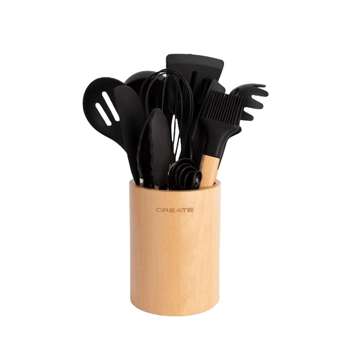 Комплект от 11 кухненски прибора CREATE, Kitchenware Studio, материал буково дърво и силикон, без BPA, устойчив на максимални температури от 230°C, включена дървена опора, черен