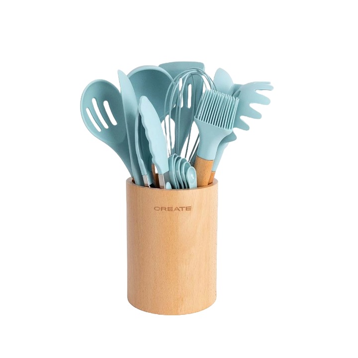 Set 11 ustensile de bucatarie CREATE, Kitchenware Studio, material lemn de fag si silicon, BPA free, rezistente la temperaturi maxime de 230°C, suport din lemn inclus, bleu pastel