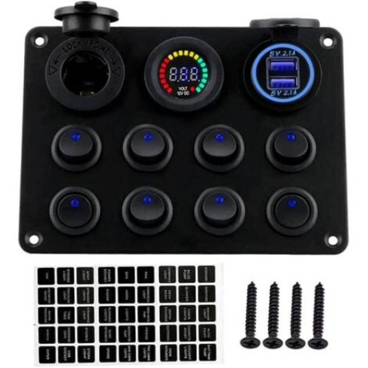 Panou Comutatoare LED, impermeabil, 12V, cu 8 canale, cu incarcator USB dublu, pentru barca/masina/RV