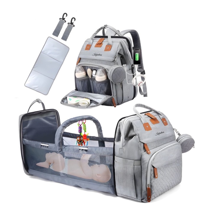 Geanta-Rucsac Infiniteea™, Multifunctional pentru Mamici, Bebelusi si Copii, cu Patut Pliabil, Potrivita pentru Scutece, Manere pentru Umar sau Maini, 16 Buzunare, 2 Carlige si Saltea Impermeabila Incluse, Gri
