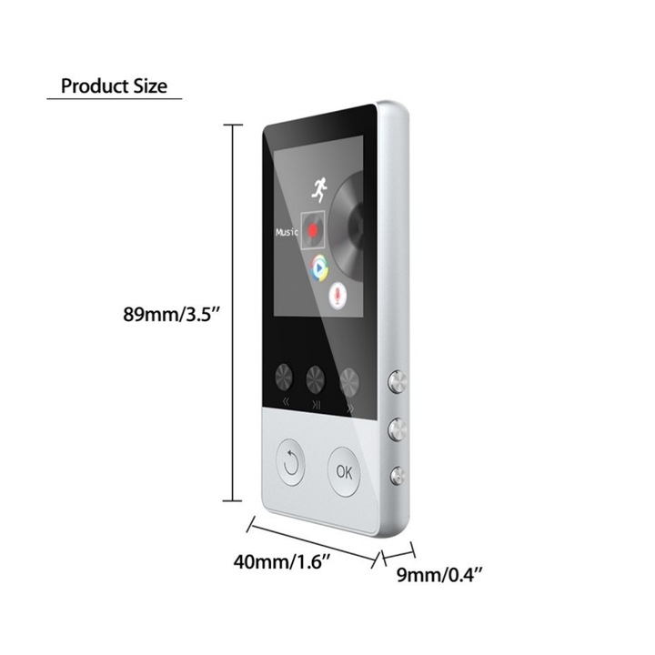 Sport MP3 lejátszó, 8 GB, 1,8 hüvelyk, fém, szürke, 8,9x4x0,9 cm
