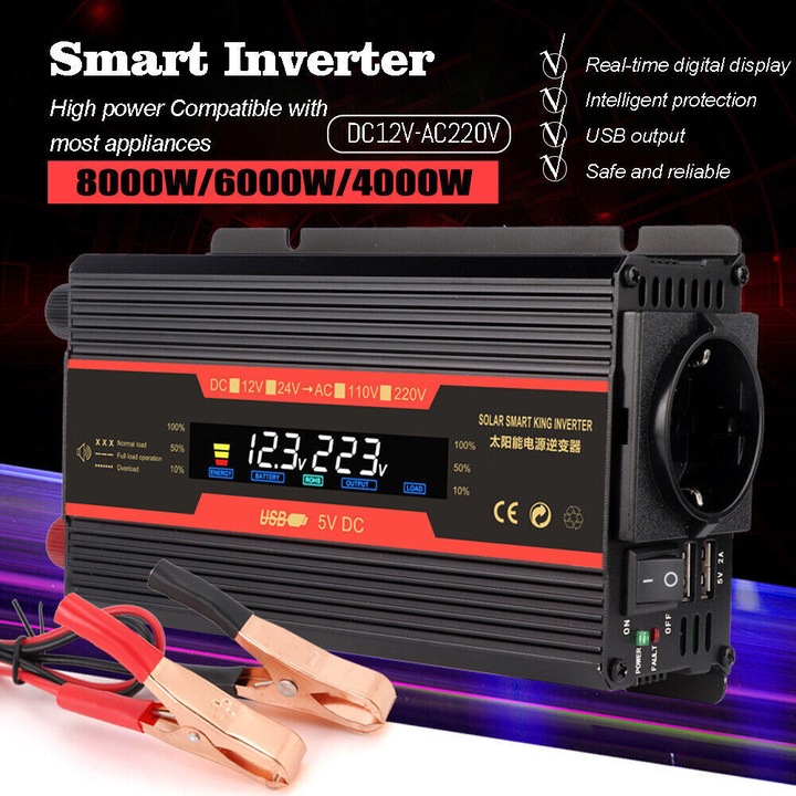 Invertor de putere auto, 6000/8000W, 12V-230V, 2 porturi USB, negru/rosu