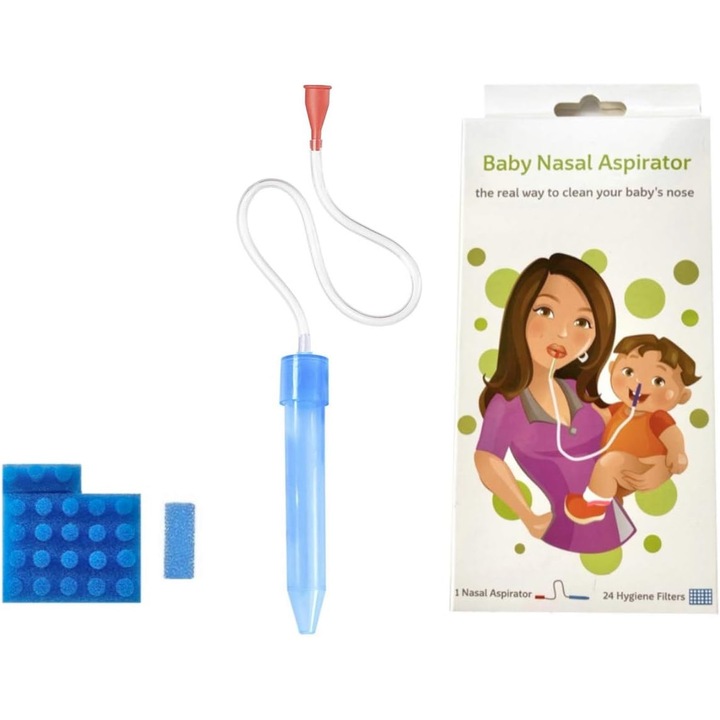 Aspirator nazal Nybgyy, 24 filtre igienice, Albastru/Transparent
