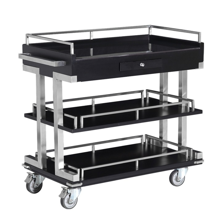 Carucior tip Gheridon cu 3 rafturi, SMH7655C2024, Inox, Lemn