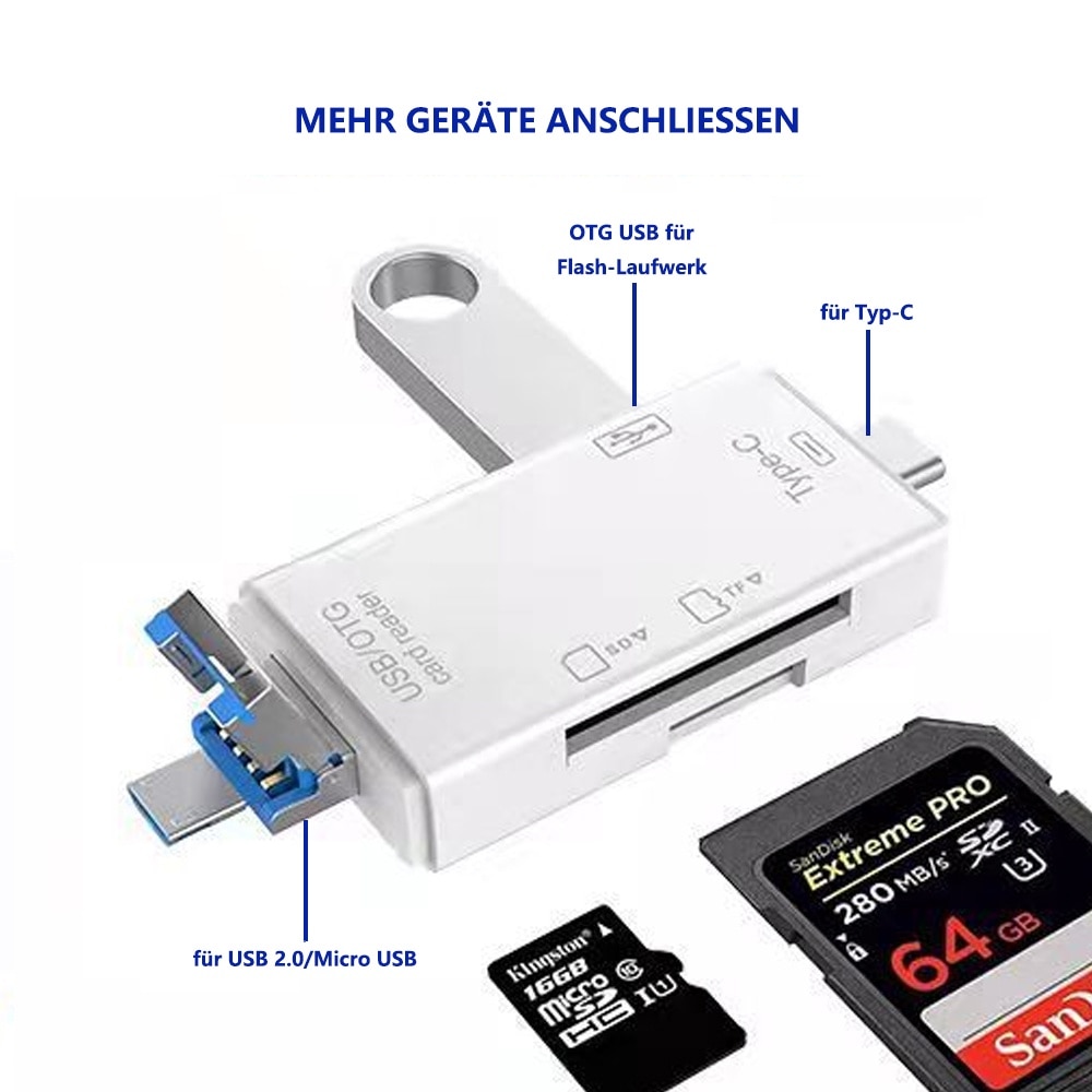 Cititor de carduri 6 in 1, BGHYHYHI, USB OTG, alb, 7.5x2