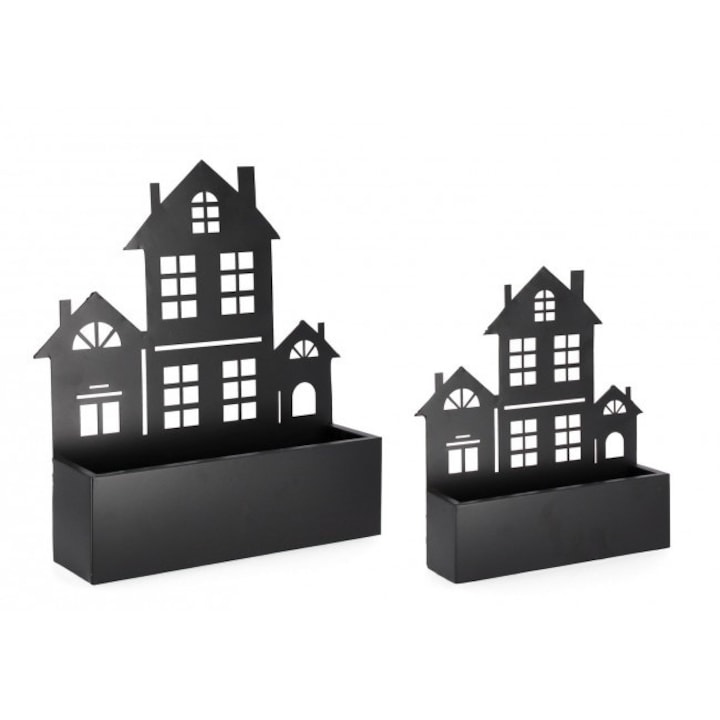 Set 2 suporturi ghivece flori metal negru Casuta 30x8x36 cm, 40.5x11x47 cm