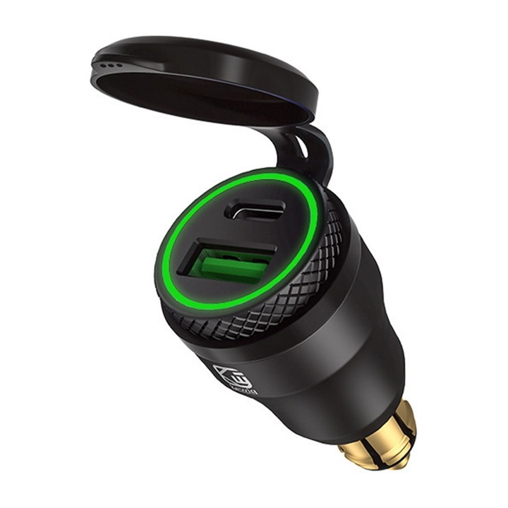 Incarcator auto BGHYHYHI, aliaj de aluminiu, USB-A/USB-C, QC3.0, impermeabil, negru/verde