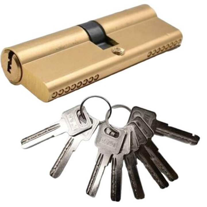 Cilindru de siguranta pentru usa + 8 chei, Alama, 42.5 x 42.5 mm, Auriu / Argintiu