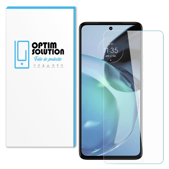 Протектор Optim Solution, За Motorola Moto G35, 9H устойчивост, Кристално чист, Чувствителност на допир, Без балончета, UHD яснота, Optim Protection Tech, Lucid Vision, Анти-пръстови отпечатъци, 2.5D закалено стъкло, Прозрачен