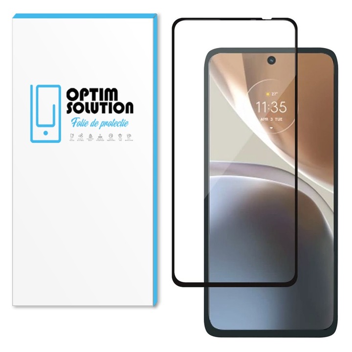 Протектор за Motorola Moto G32, Optim Solution, Галантно 5D закалено стъклен протектор, усъвършенствана чувствителност на докосване, покритие от край до край, жизненост на цветовете, оптично стъкло, оптимална защита, оригинално визуално изживяване, черно