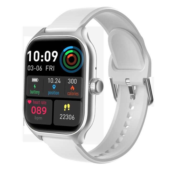 Ceas inteligent CVBFUS Sport Series 8, rezistent la apa IP67, notificari, control muzica, argintiu, 2.01inch