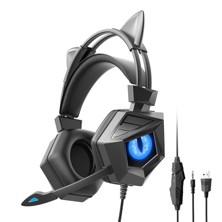 Геймърски слушалки Over-Ear с кабел, LED светлинни ефекти, вграден микрофон, контрол на кабела, съвместими с PC, телефон, лаптоп, професионален стерео звук