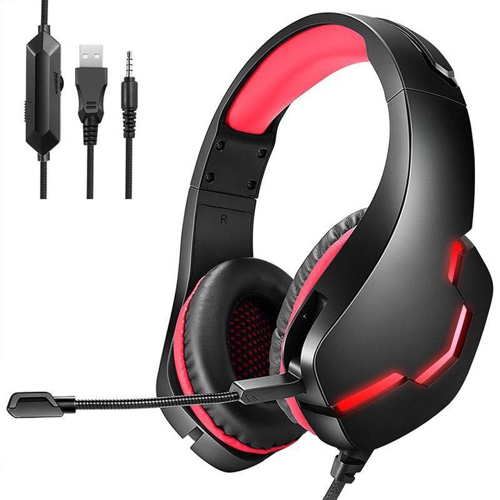 Számítógépes headset, 40 mm-es hangszórók, HD hangminőség, zajszűrő mikrofon, menő fények, kényelmes és lélegző, könnyű kialakítás, rózsaszín